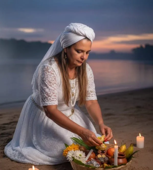 Mãe Tina, vestida de branco, ajoelhada na areia preparando uma oferenda à beira-mar ao entardecer