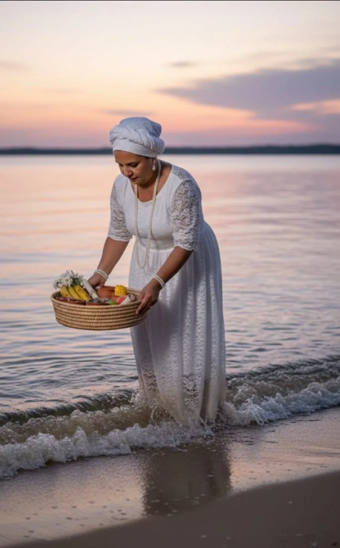 Mulher vestida de branco caminhando na água do mar ao entardecer, segurando uma cesta de oferendas