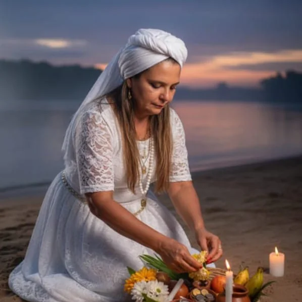 Mãe Tina ajoelhada na areia, preparando uma oferenda espiritual à beira-mar